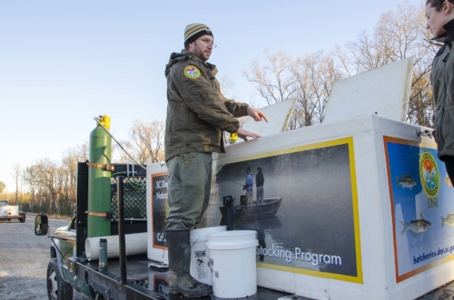 A group effort: Will Langford, an SCDNR technician at Springs Steven Hatchery, and Lily O'Dea, a technician at the agency's Eastover research facility, traveled to CCFC to help staff there with the harvest.