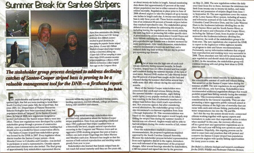 This article detailing the stakeholder -driven approach to enacting regulatory changes to the striped bass fishery on the Santee Lakes that Mary Shriner helped pioneer appeared in the May-June 2010 issue of South Carolina Wildlife magazine.