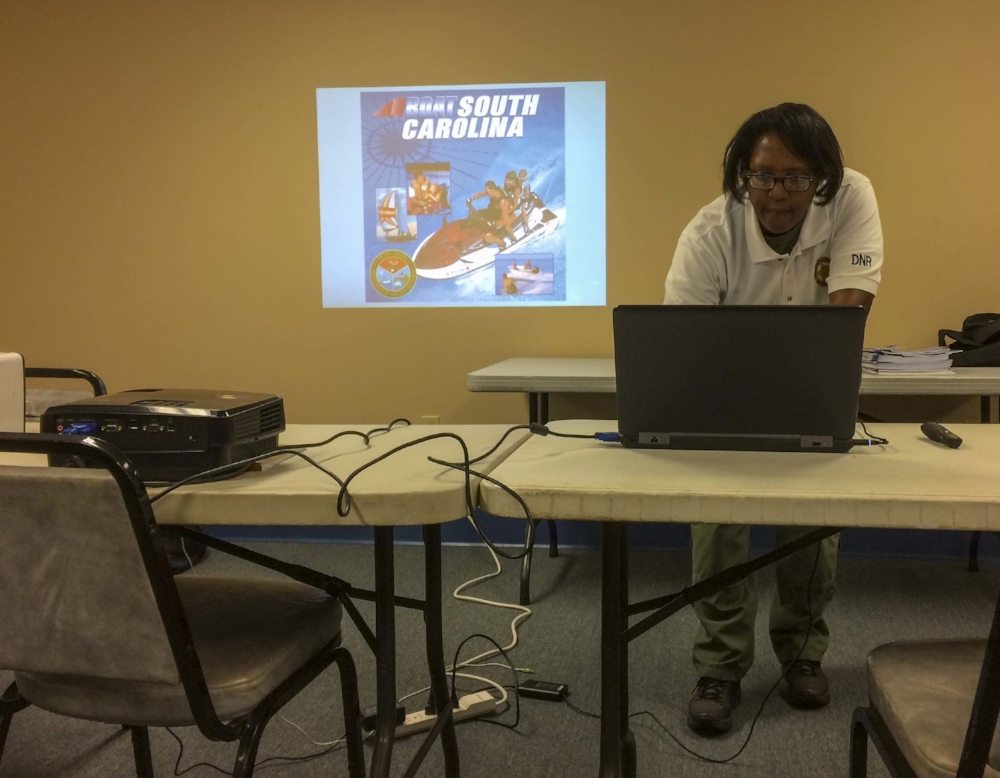 On a recent Saturday morning, SCDNR Sgt. Denetta Dawson prepares to deliver a boating safety class to a group of boaters (and aspiring boaters).