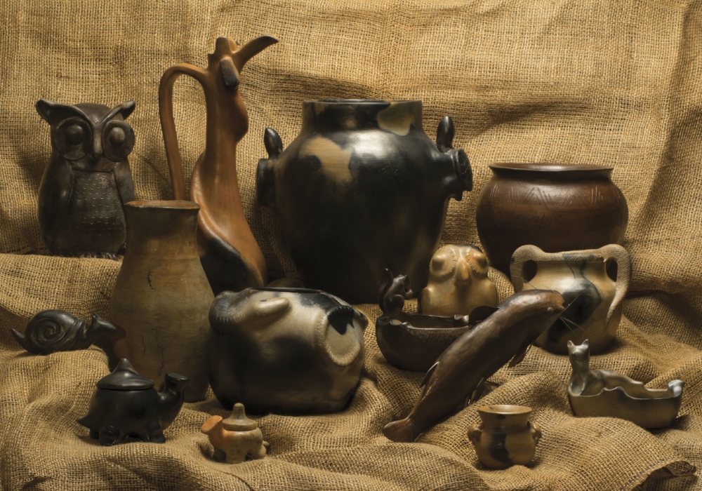 &nbsp;Catawba pottery on display at the USC-Lancaster Native American Studies Center. Catawba potters often incorporate animals and other natural themes into their work. Photo by Michael Foster, South Carolina Wildlife magazine.