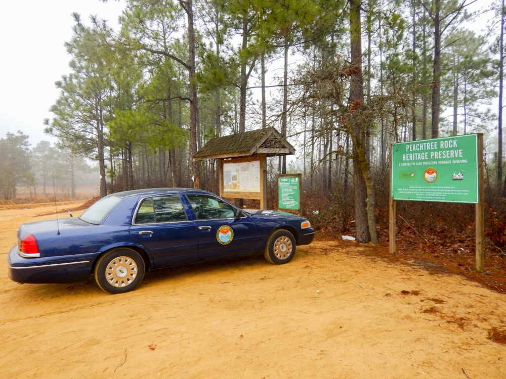 The parking area at Peachtree Rock Heritage Preserve in Lexingto County can get crowded on weekends -- it's a popular day-hike of moderate intensity that will nonetheless take you through some rapid changes in terrain and elevation in under a mile.