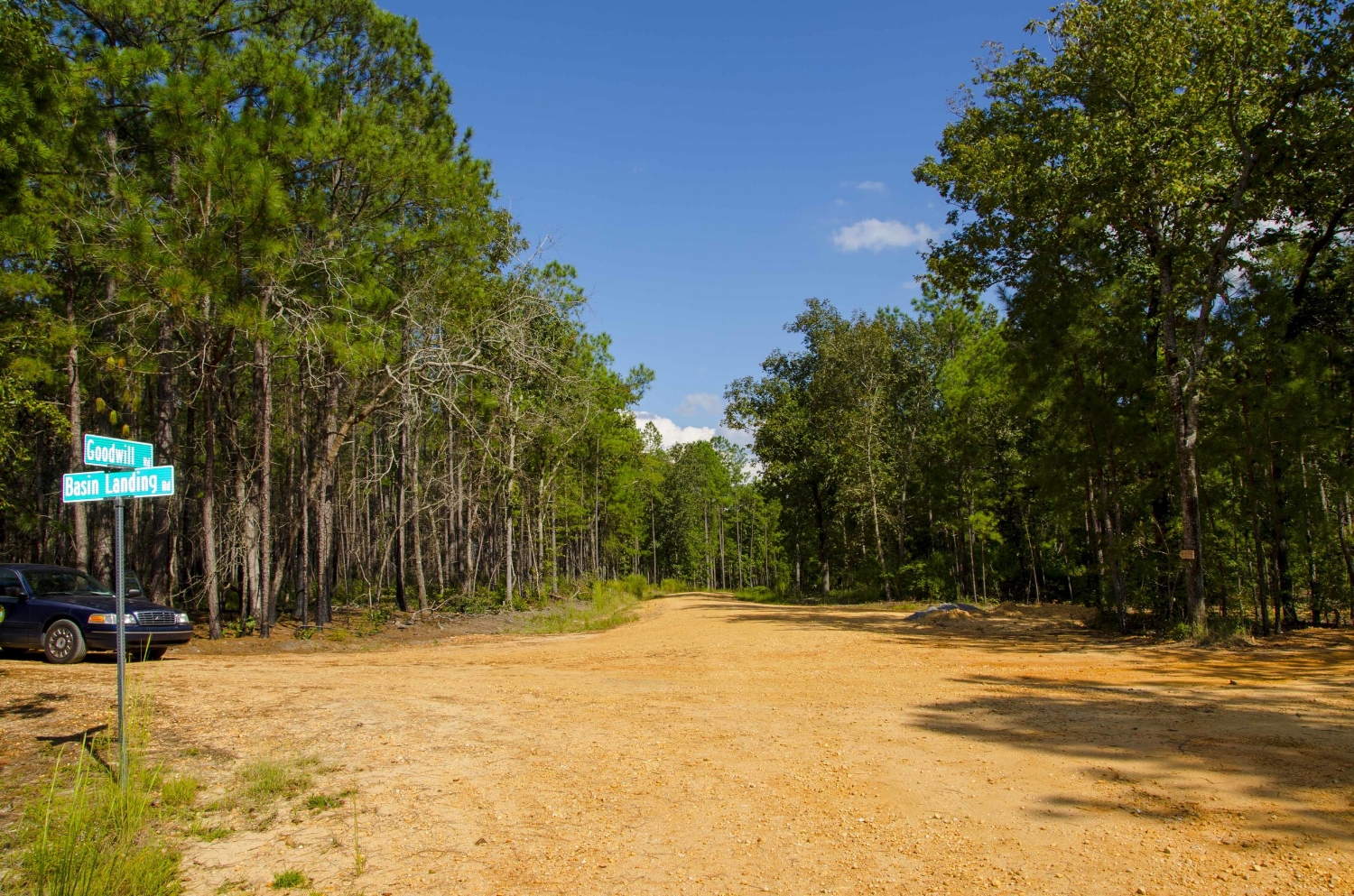 "Old Blue" at the intersection of Goodwill and Basin Landing roads. I can just see myself making a leisurely downhill pedal here.