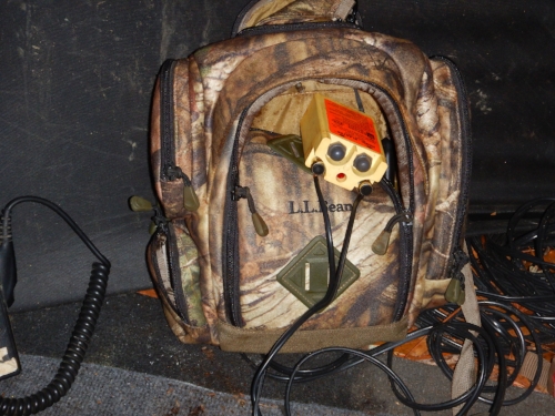 A "boom box' used to detonate the rocket net charges sits at the ready in the blind. (SCDNR photo by David Lucas)