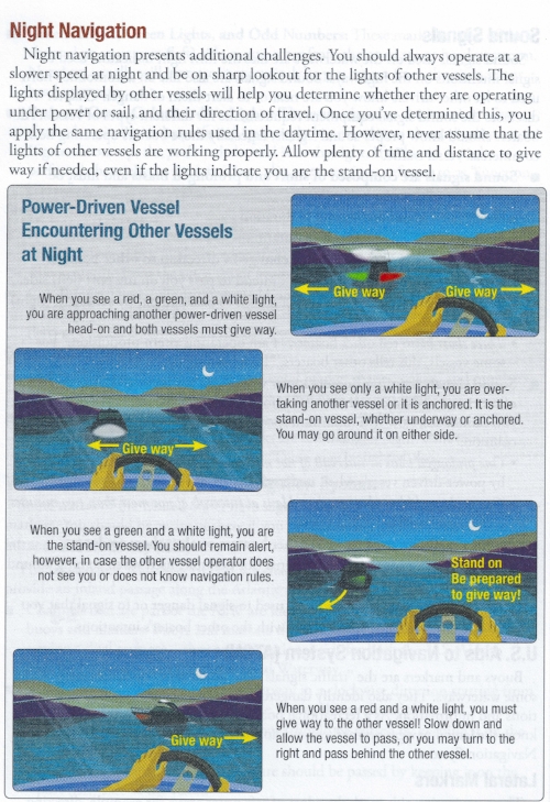 It's extremely important hat anyone who may be operating a watercraft at night be well-versed in identifying and understanding what the visible running lights on other vessels mean, as outlined here on page 15 of the SCDNR Boating Safety Course work…