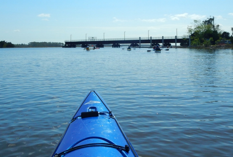 Above: A kayak-level view of the Wimbee Fishing Pier as seen from the entrance to Briar's Creek. Below (clockwise from upper left): The Wimbee saltmarsh seen from the pier; Briar's Creek viewed from the pier; Close-up shot of the pier and pilin…