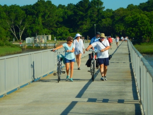 Loading up on the dock at Garris landing.&nbsp; Bicycles are welcome on the ferry and can be a good way to explore the island's sandy trails-- just let the staff know when you book your trip.