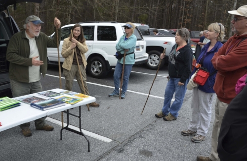 Dennis Chastain prepares to lead a Clemson University "OLLI" group on a trek to see blooming Oconee Bells.