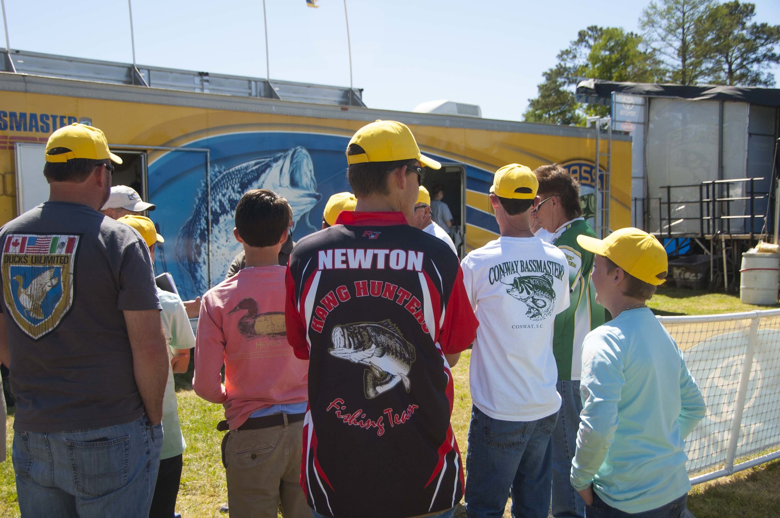 Bass Nation tournament volunteers from various clubs wait to get their tournament assignments at a Bassmasters Elite tour event in Georgetown, S.C. [SCDNR photo by David Lucas]