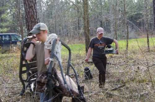 Using GPS coordinates marked during the previous field season, Gerrits and Zinn look for the perfect spot to locate a sound recorder, and then haul their gear in to the site on foot.