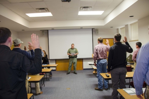 SCDNR Deputy Director for Law Enforcement, Col. Chisolm Frampton, delivered the oath of office to the new officer class in January, the beginning of their training odyssey.