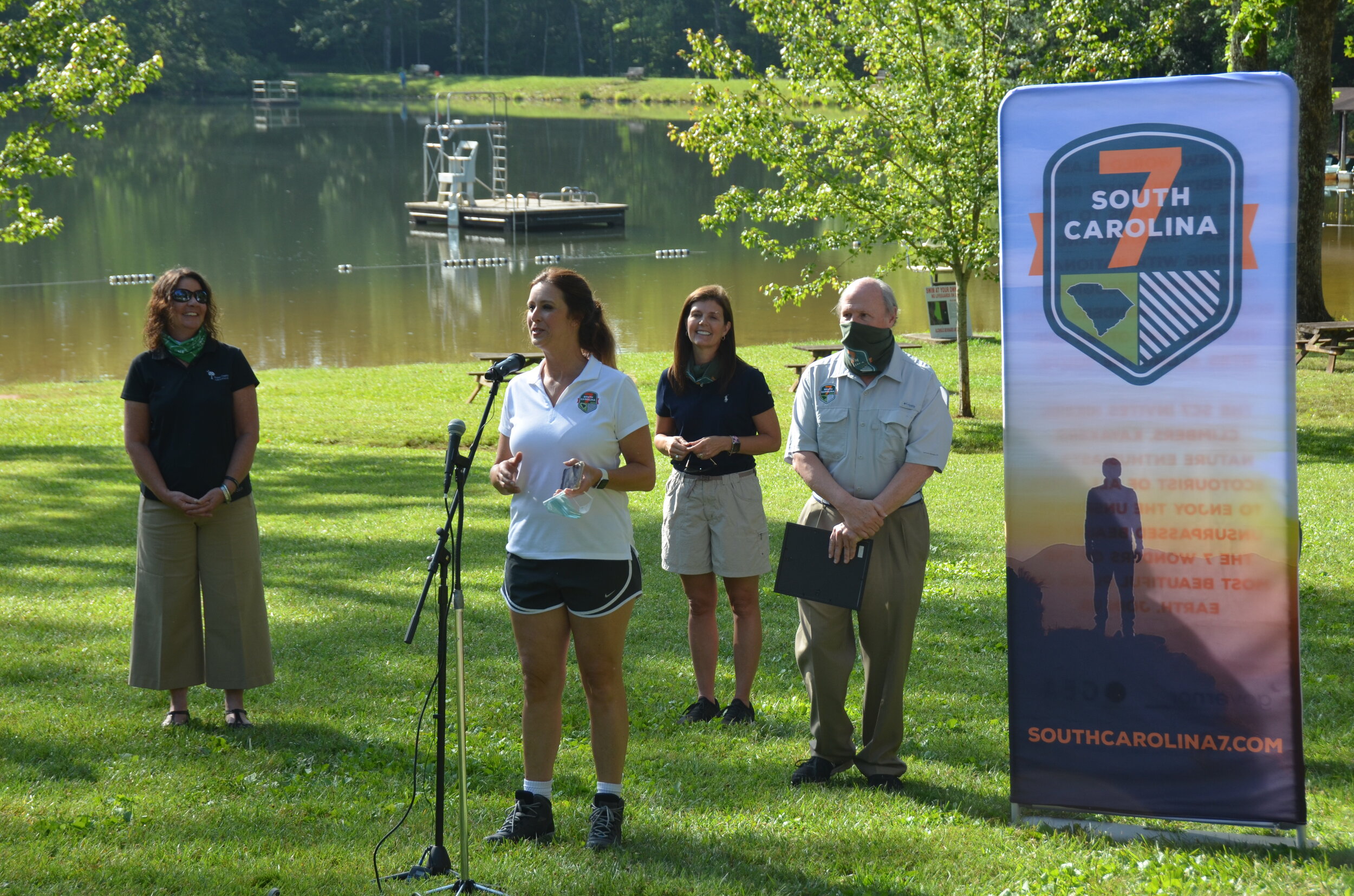 Michelle McCollum, president of the S.C. National Heritage Corridor, welcomes participants and speakers to the start of the Upstate SC7 trek.